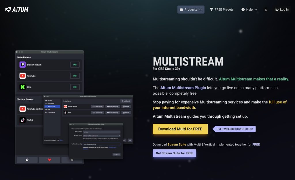 Die Aitum Multistream-Website mit dem Plugin-Fenster, in dem mehrere Stream-Ausgänge und deren Einstellungsfenster angezeigt werden