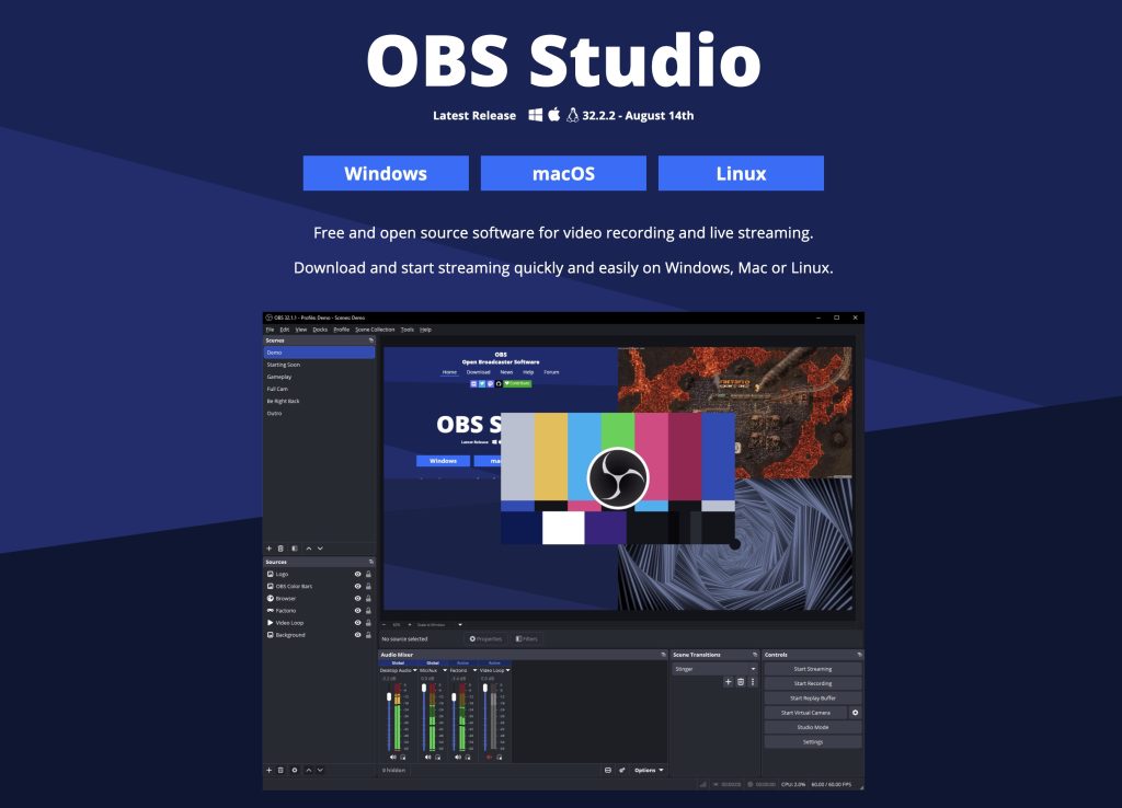 OBS Studio-Downloadseite mit Download-Buttons für Windows, macOS und Linux