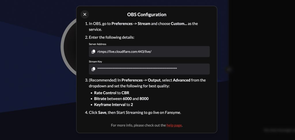 FansyMe dashboard showing Stream URL and Stream Key fields