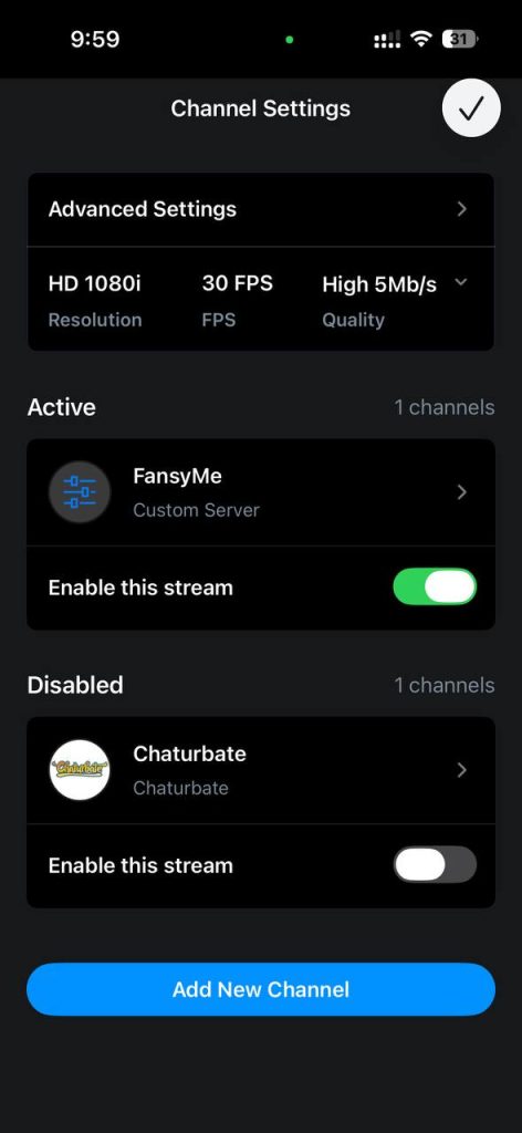 Channel Settings screen with one active and one disabled channel