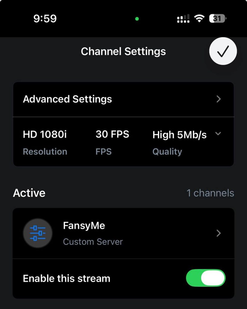 Enable this stream toggle switched on for FansyMe channel
