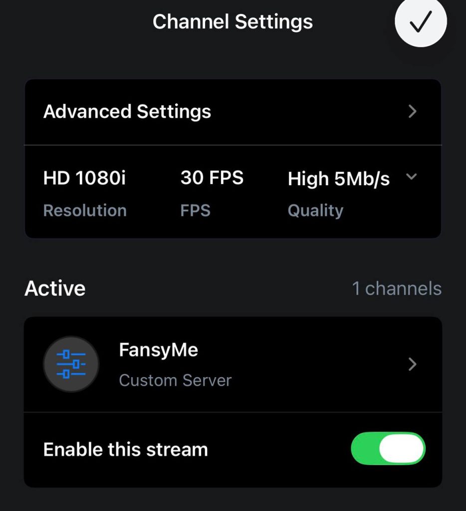 Channel Settings screen showing Resolution, FPS, and Quality dropdowns